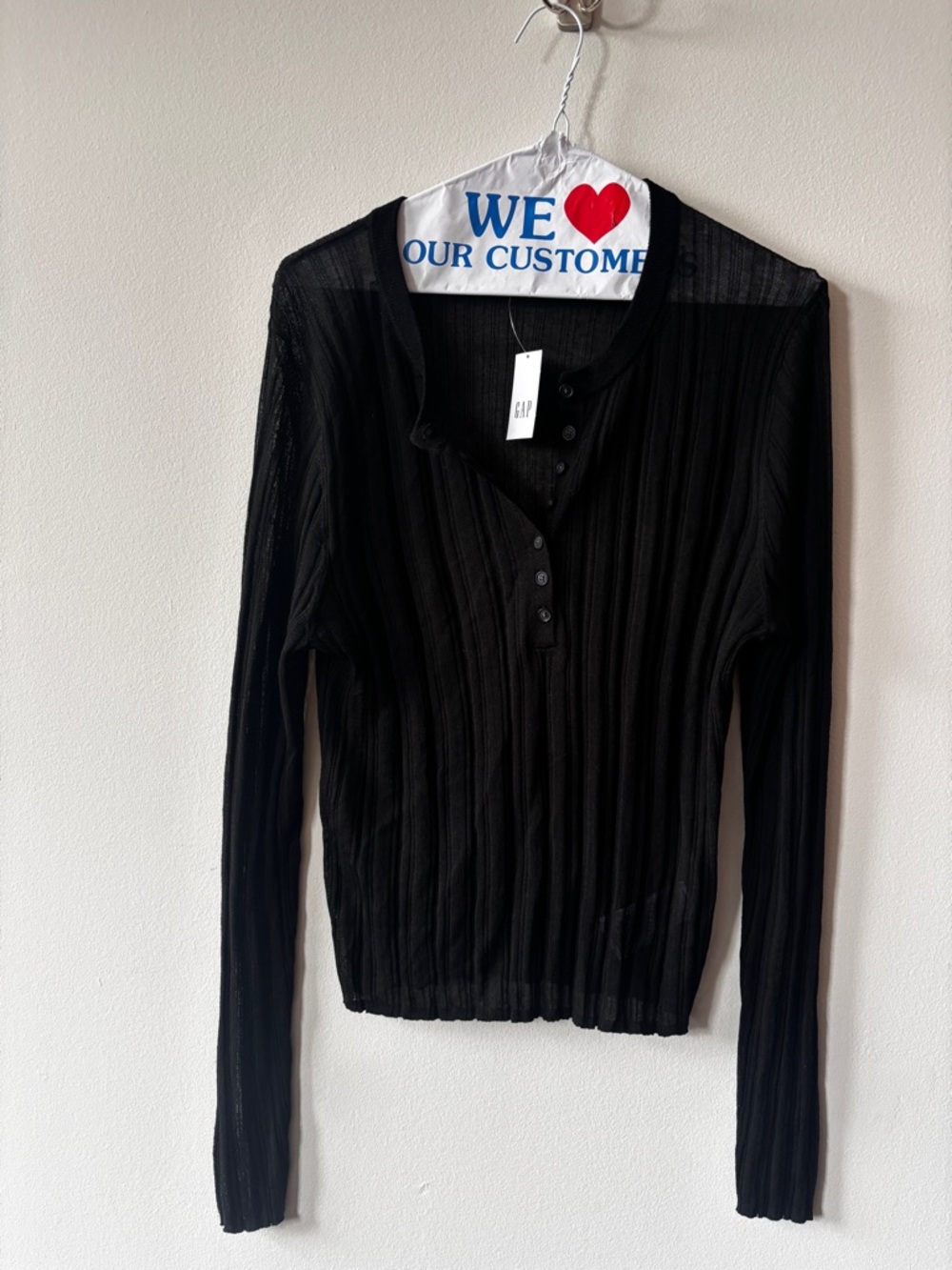 Nordstrom Black Ribbed Long-Sleeve Henley Top